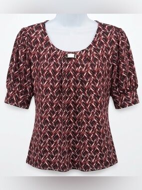 NY Collection NWT Petite Medium Abstract Print Puff Sleeve Top Burgundy Black